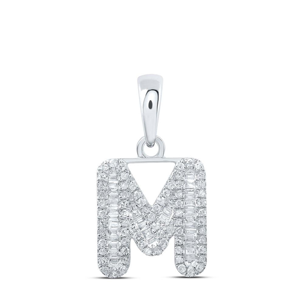 10kt White Gold Womens Baguette Diamond M Initial Letter Pendant 3/8 Cttw