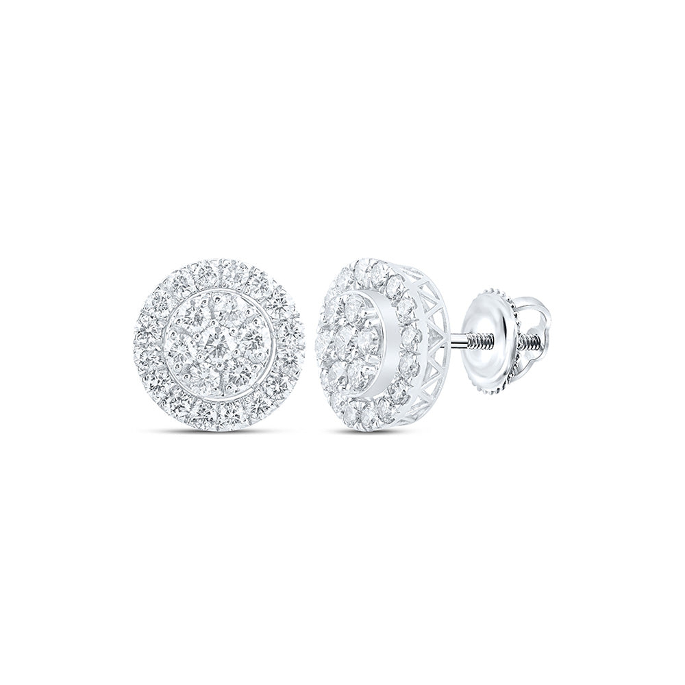 14kt White Gold Mens Round Diamond Cluster Earrings 3-3/8 Cttw