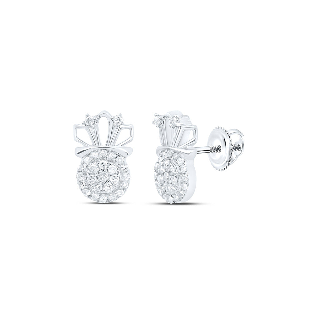 10kt White Gold Womens Round Diamond Crown Earrings 1/5 Cttw