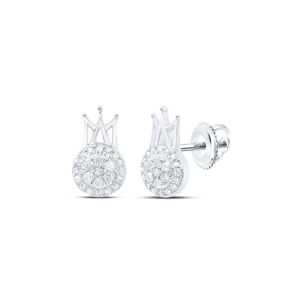 10kt White Gold Womens Round Diamond Crown Earrings 1/5 Cttw