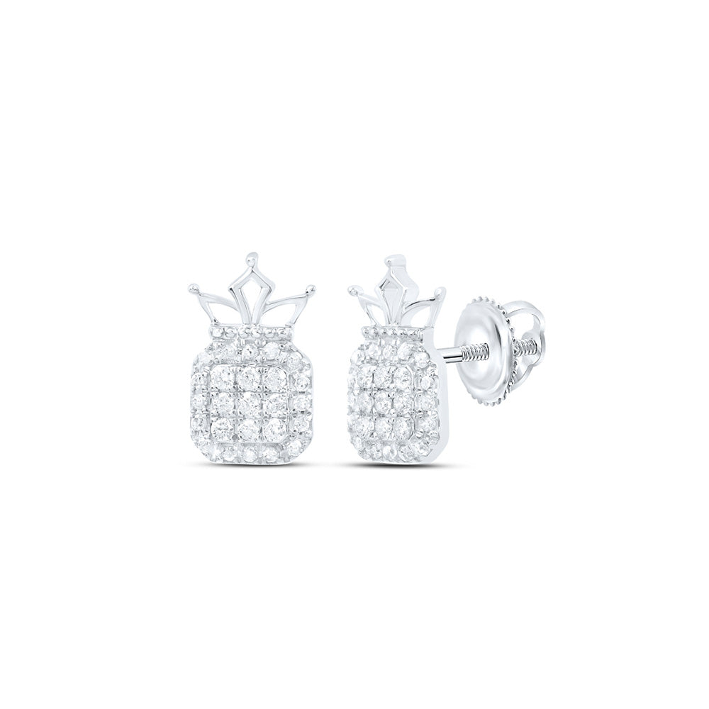 10kt White Gold Womens Round Diamond Crown Earrings 1/5 Cttw