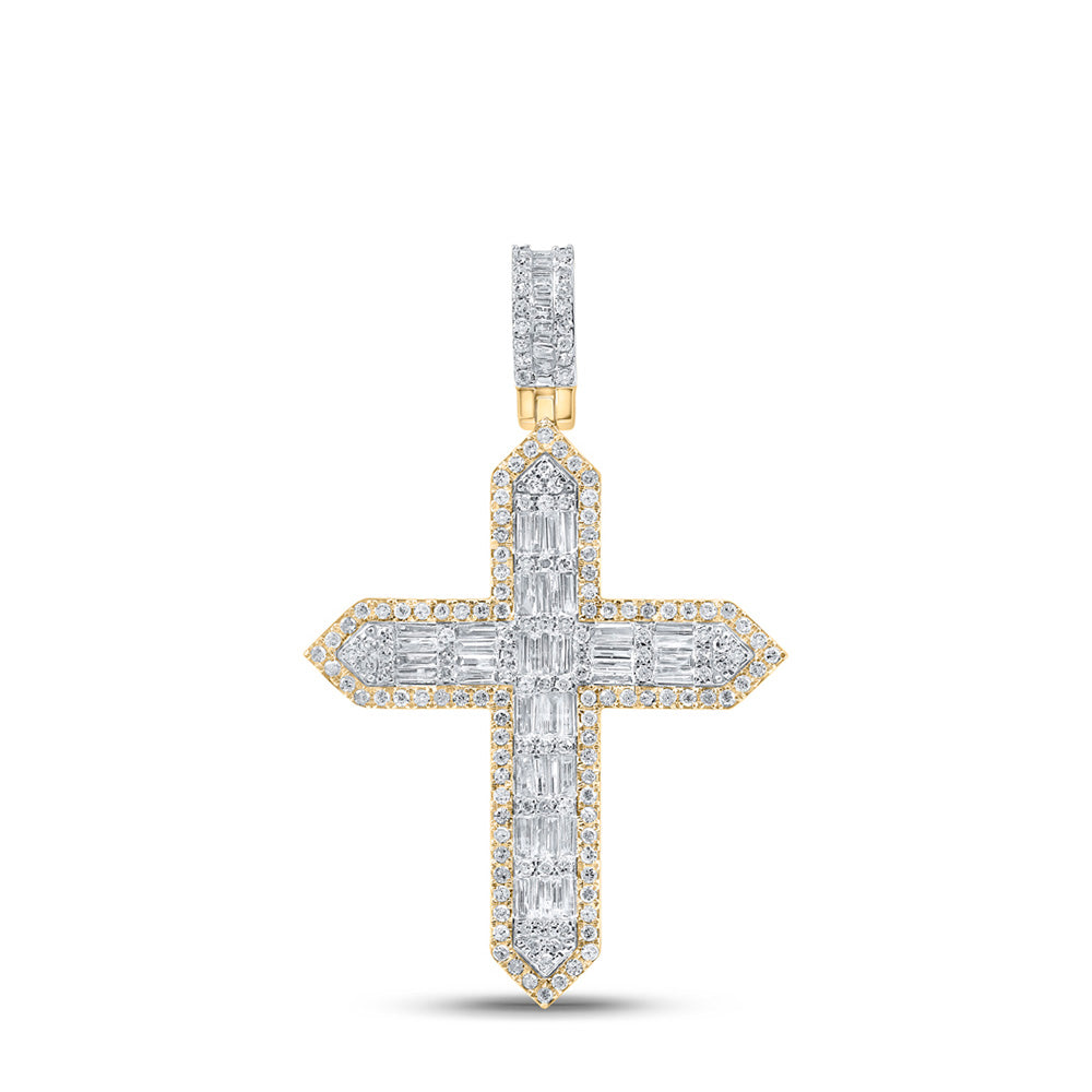 10kt Yellow Gold Mens Baguette Diamond Cross Charm Pendant 1-3/4 Cttw