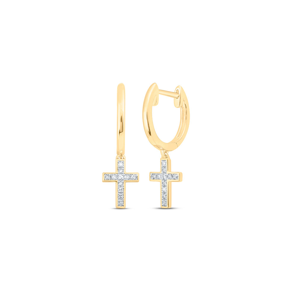 10kt Yellow Gold Womens Round Diamond Cross Dangle Earrings 1/20 Cttw