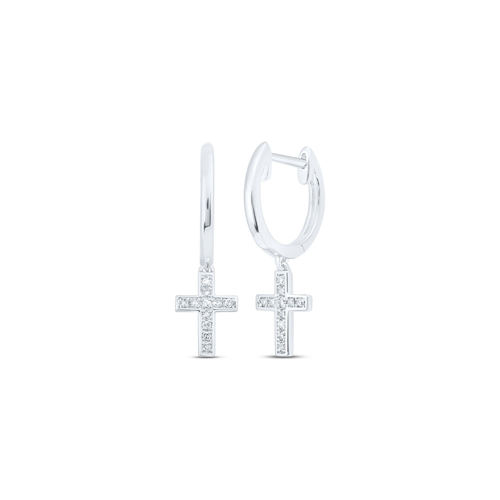 10kt White Gold Womens Round Diamond Cross Dangle Earrings 1/20 Cttw