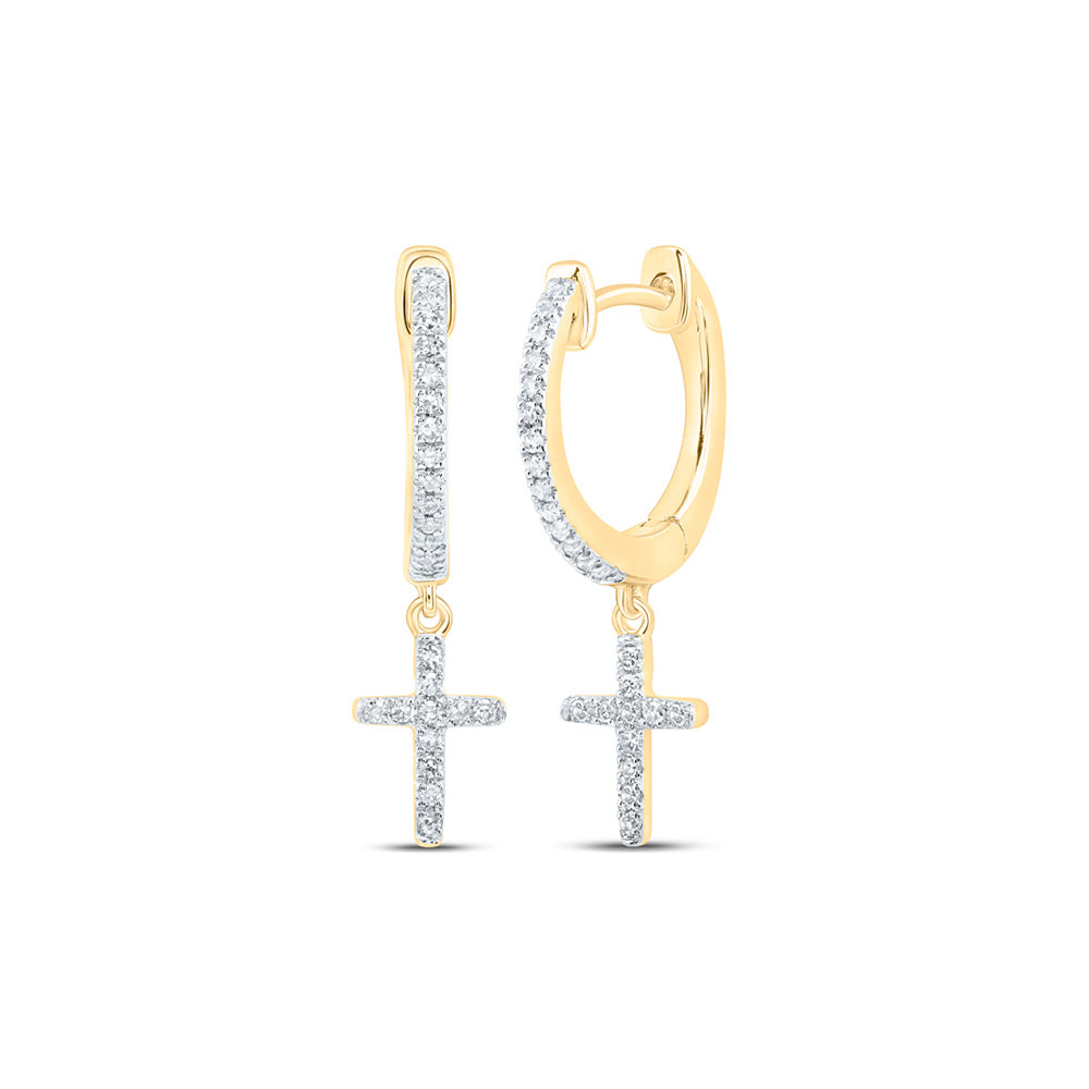 10kt Yellow Gold Womens Round Diamond Cross Dangle Earrings 1/6 Cttw