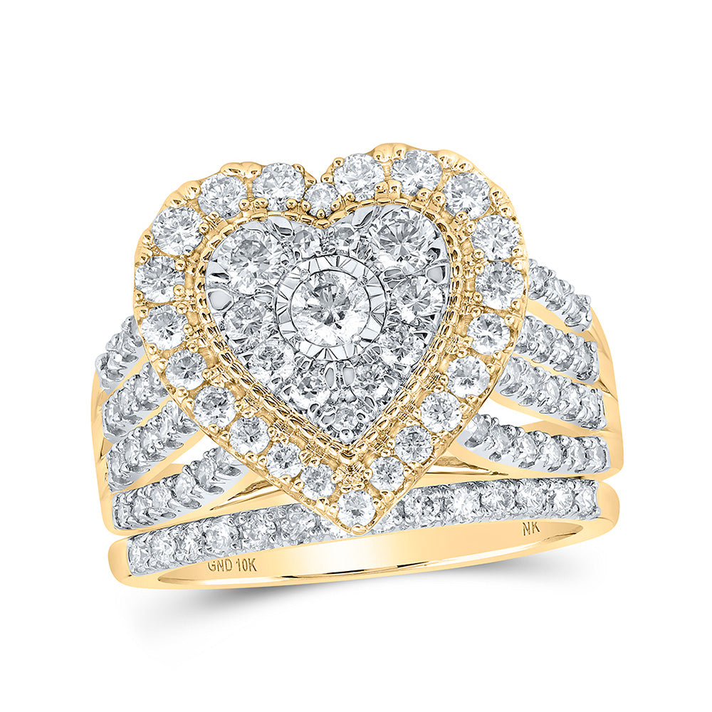 10kt Yellow Gold Round Diamond Heart Bridal Wedding Ring Band Set 1-1/2 Cttw