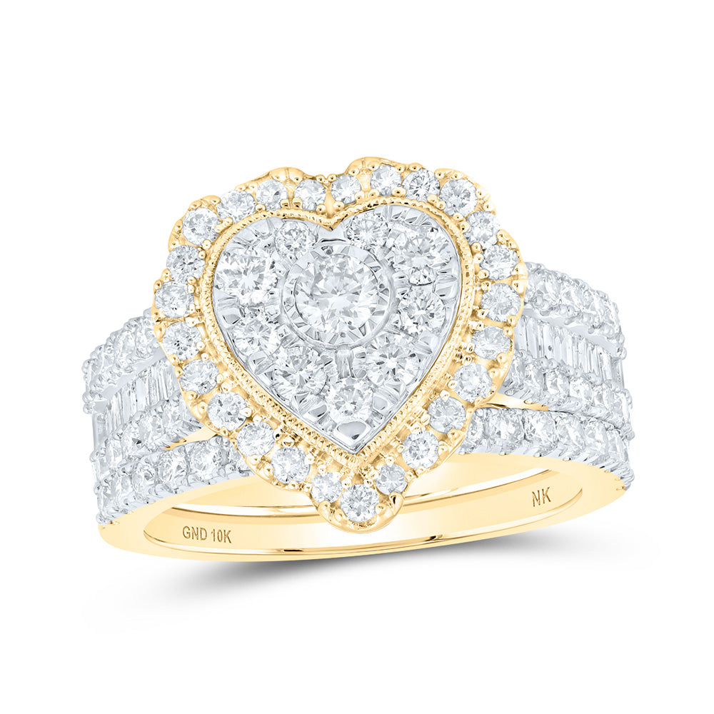 10kt Yellow Gold Round Diamond Heart Bridal Wedding Ring Band Set 2 Cttw