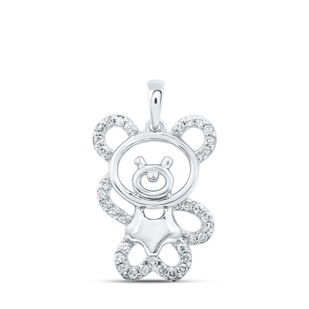 10kt White Gold Womens Round Diamond Teddy Bear Animal Pendant 1/6 Cttw