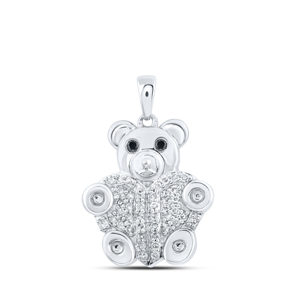 10kt White Gold Womens Round Black Color Treated Diamond Bear Animal Pendant 1/5 Cttw