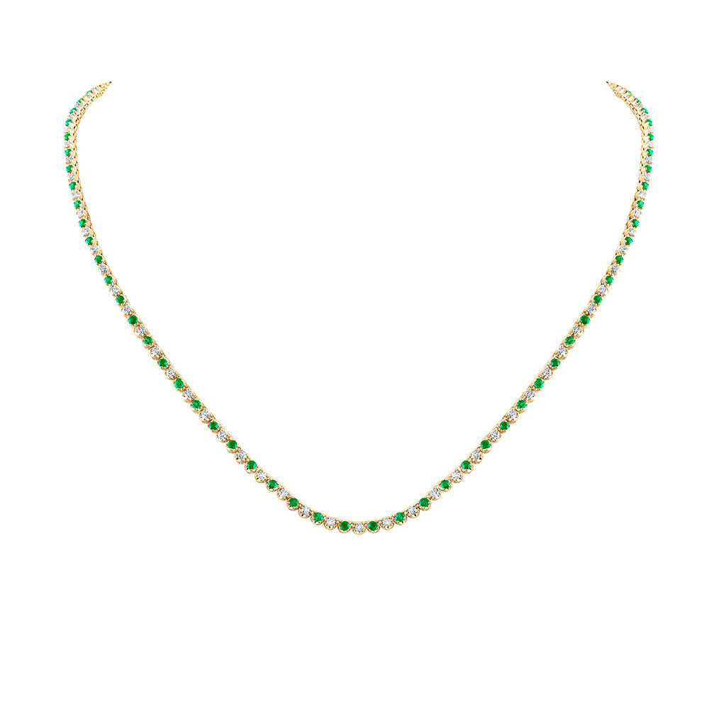 14kt Yellow Gold Womens Round Emerald Diamond Tennis Necklace 5-5/8 Cttw