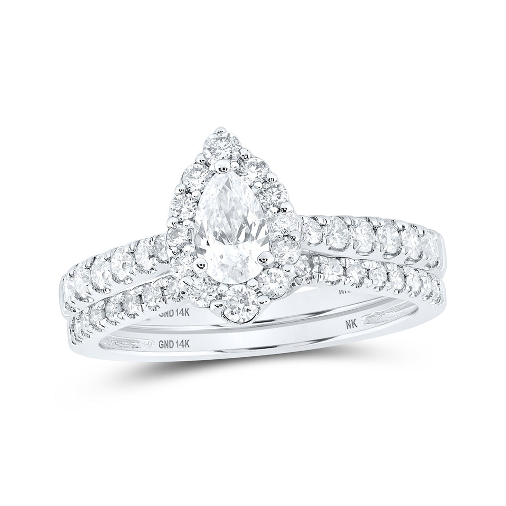 14kt White Gold Pear Diamond Halo Bridal Wedding Ring Band Set 1 Cttw