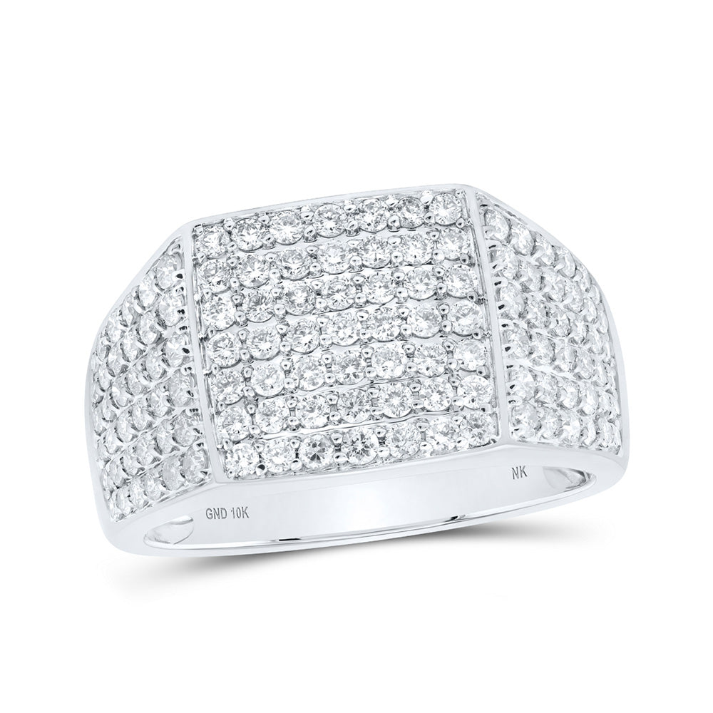 10kt White Gold Mens Round Diamond Pave Square Ring 1-1/2 Cttw