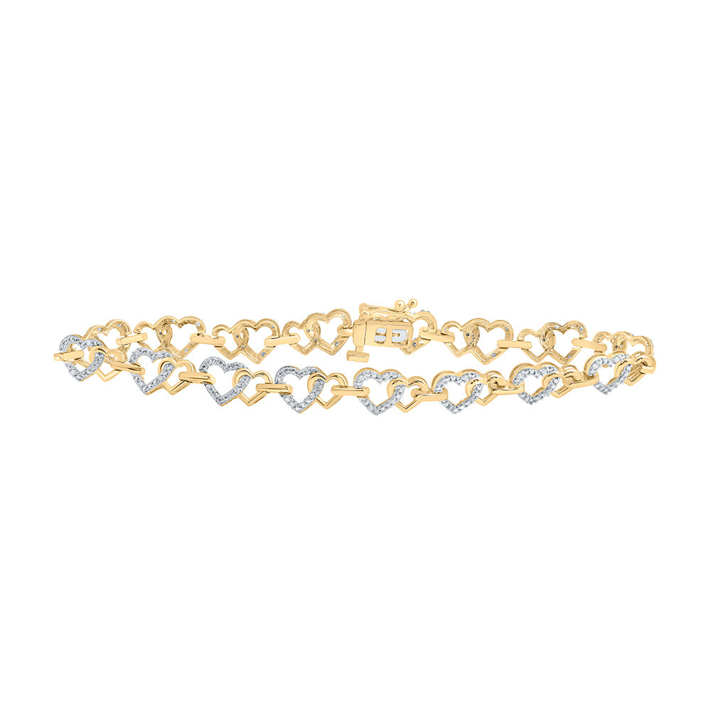 10kt Yellow Gold Womens Round Diamond Heart Bracelet 1/4 Cttw