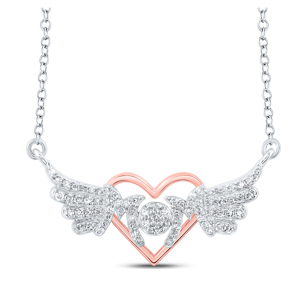 Sterling Silver Womens Round Diamond 18-inch Heart Wing Mom Necklace 1/5 Cttw