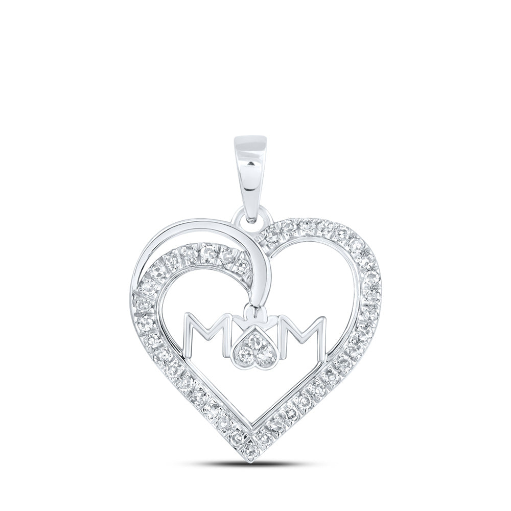 10kt White Gold Womens Round Diamond Mom Heart Pendant 1/6 Cttw