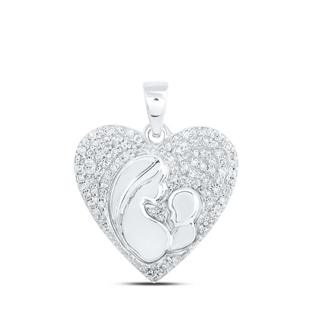 10kt White Gold Womens Round Diamond Mother Child Heart Pendant 1/5 Cttw