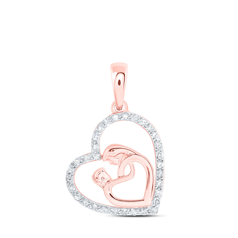 10kt Rose Gold Womens Round Diamond Mom Child Heart Pendant 1/6 Cttw