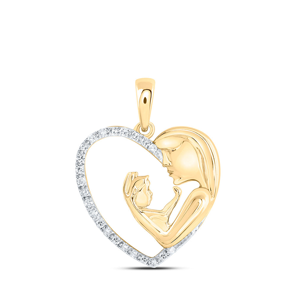 10kt Yellow Gold Womens Round Diamond Mom Child Heart Pendant 1/10 Cttw