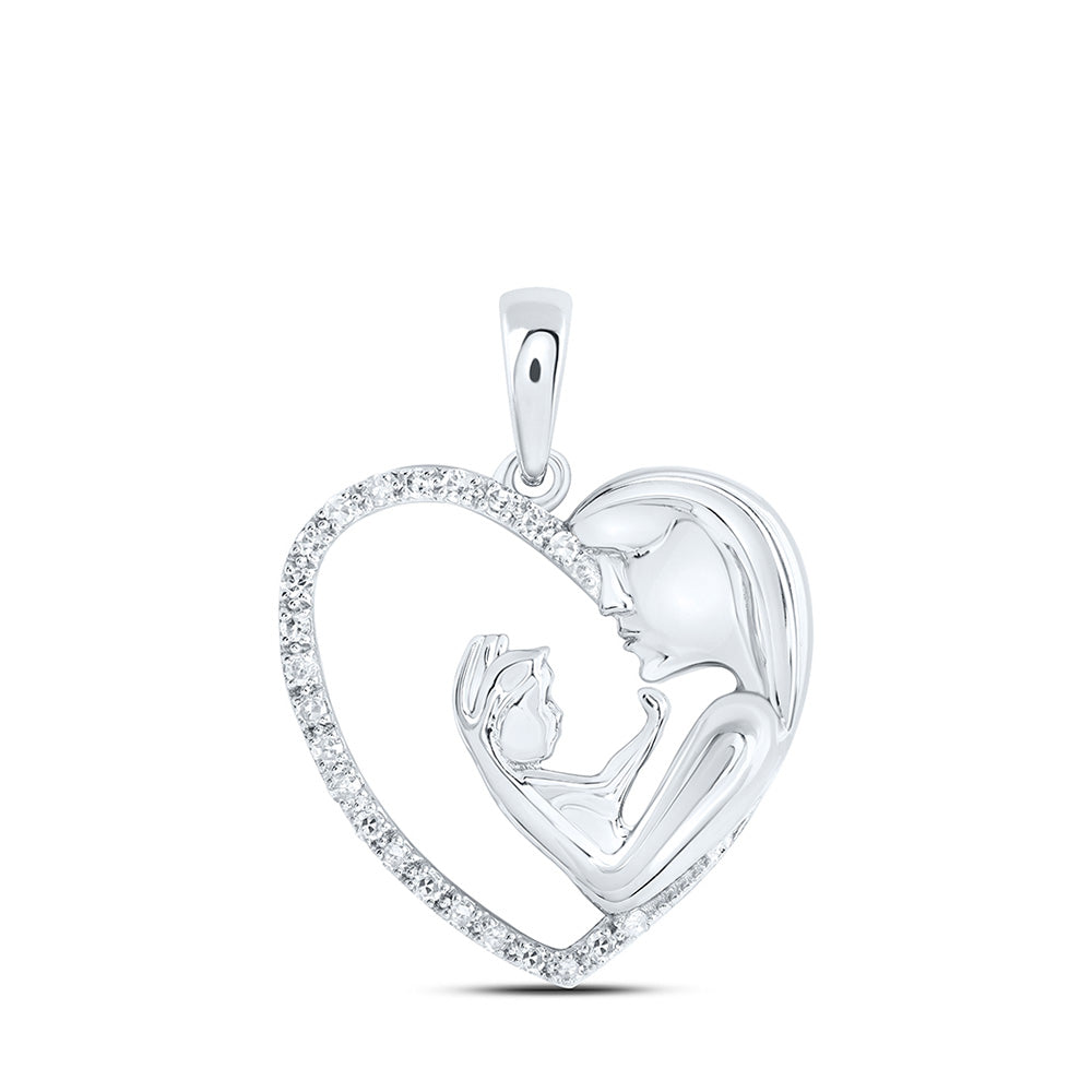 10kt White Gold Womens Round Diamond Mother Child Heart Pendant 1/10 Cttw