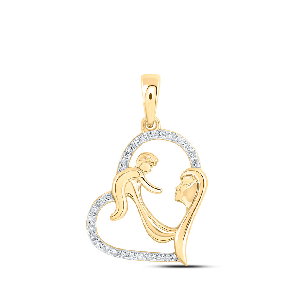 10kt Yellow Gold Womens Round Diamond Mom Child Heart Pendant 1/8 Cttw