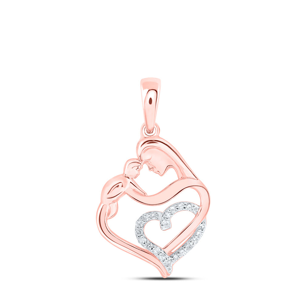 10kt Rose Gold Womens Round Diamond Mom Child Heart Pendant 1/12 Cttw