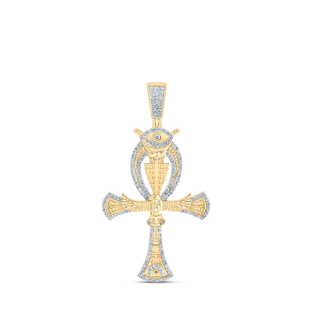 10kt Yellow Gold Mens Round Diamond Ankh Eye Cross Charm Pendant 1-1/5 Cttw