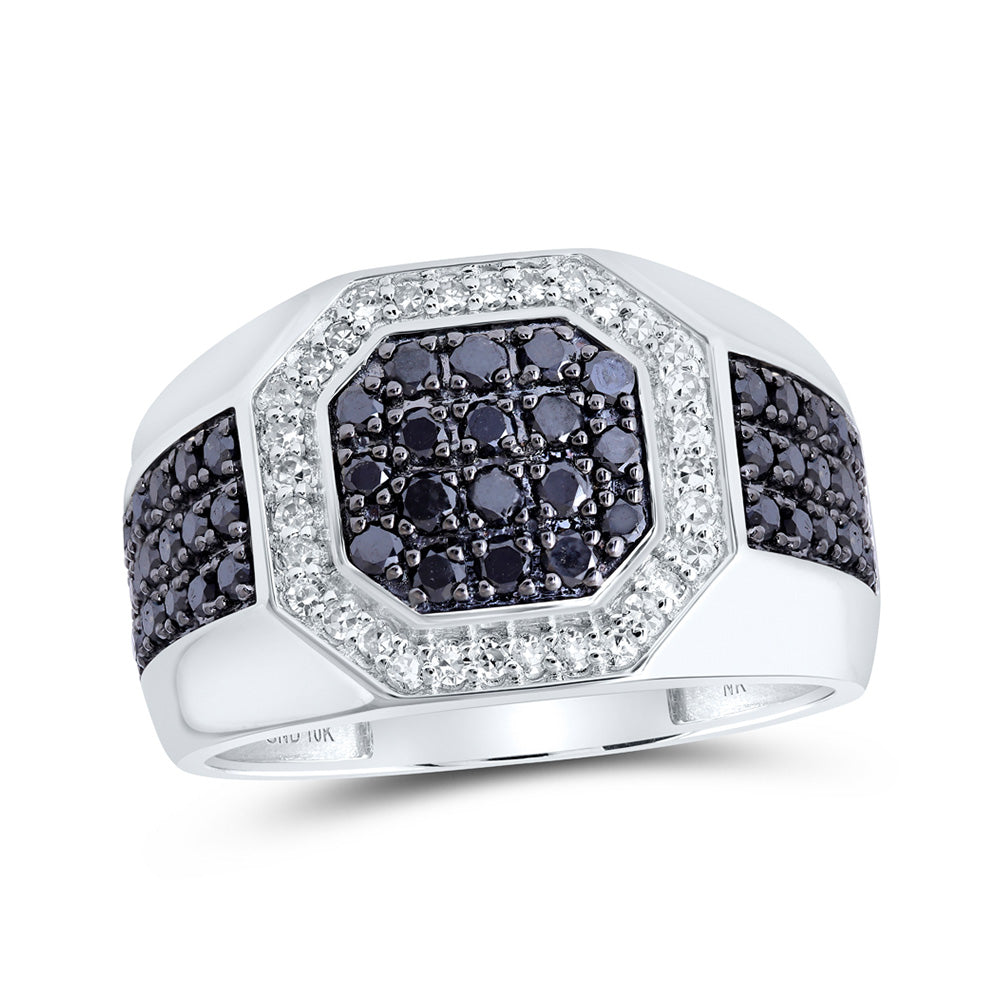 10kt White Gold Mens Round Black Color Treated Diamond Octagon Ring 1-1/5 Cttw