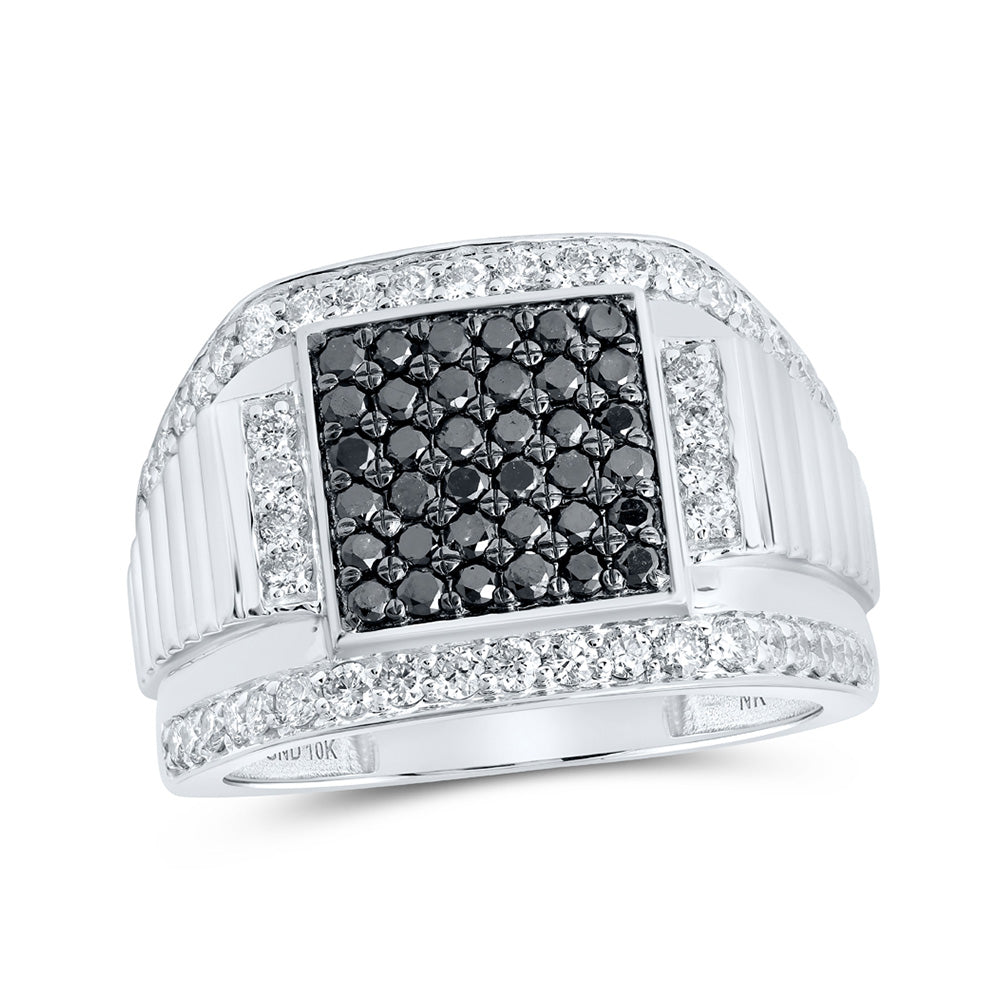 10kt White Gold Mens Round Black Color Treated Diamond Square Ring 1-5/8 Cttw