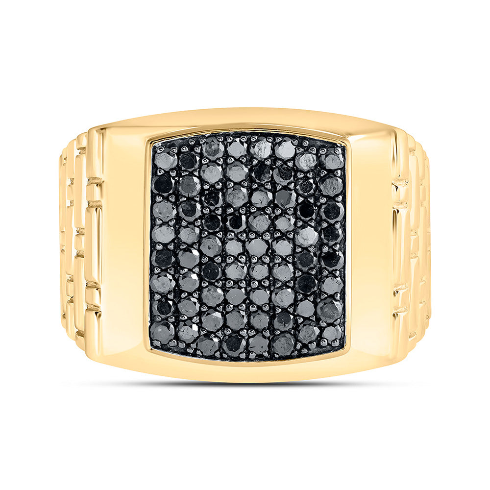 10kt Yellow Gold Mens Round Black Color Treated Diamond Square Ring 1-1/2 Cttw