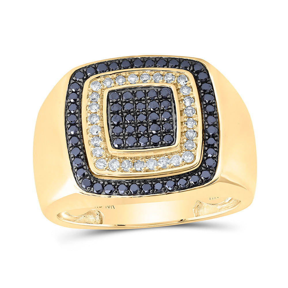 10kt Yellow Gold Mens Round Black Color Treated Diamond Square Ring 3/4 Cttw