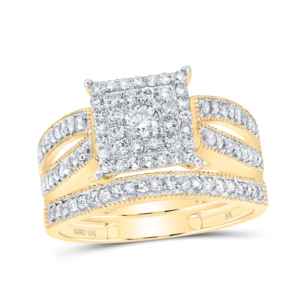 10kt Yellow Gold Round Diamond Square Bridal Wedding Ring Band Set 3/4 Cttw