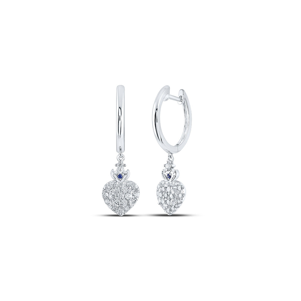 14kt White Gold Womens Round Diamond Heart Hoop Dangle Earrings 1/2 Cttw