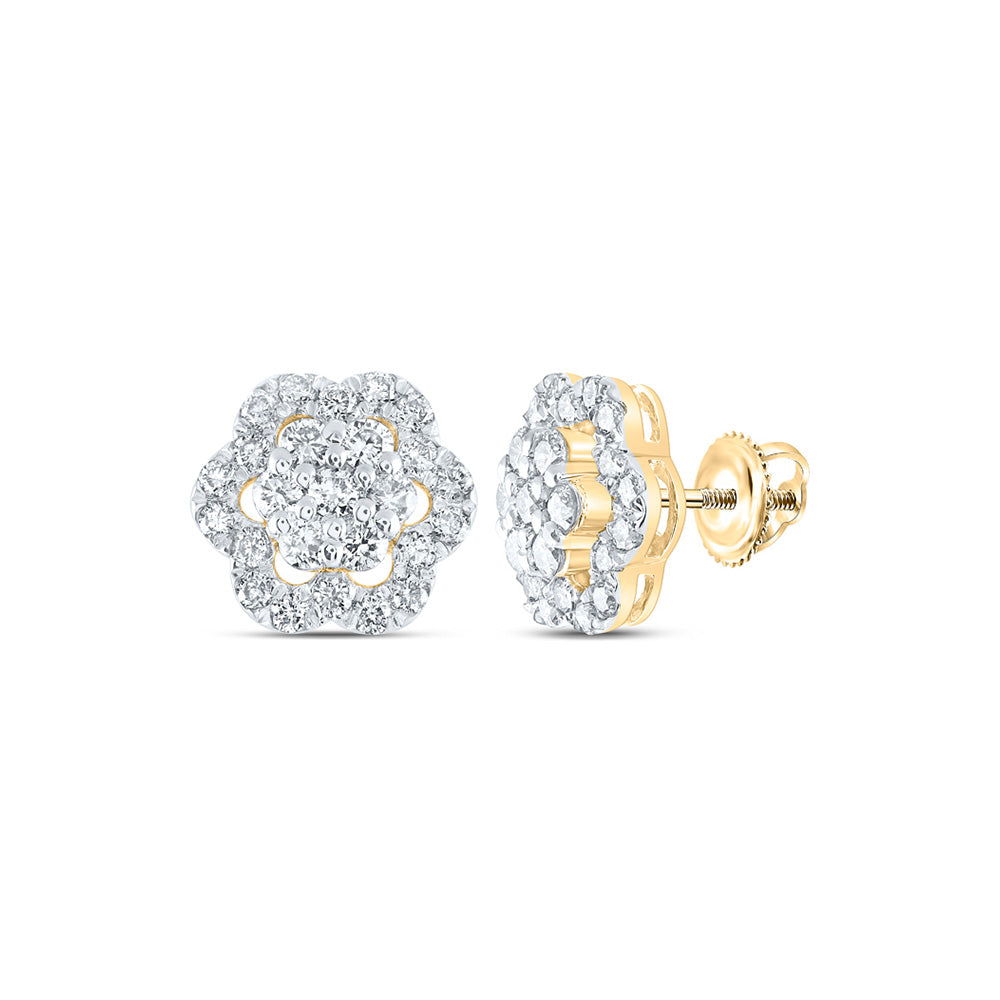 10kt Yellow Gold Womens Round Diamond Flower Cluster Earrings 1 Cttw