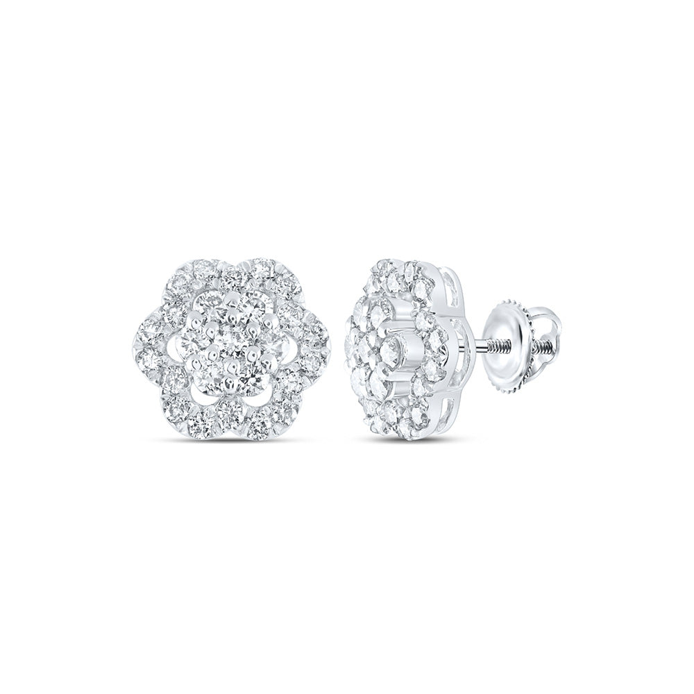 10kt White Gold Womens Round Diamond Flower Cluster Earrings 1 Cttw