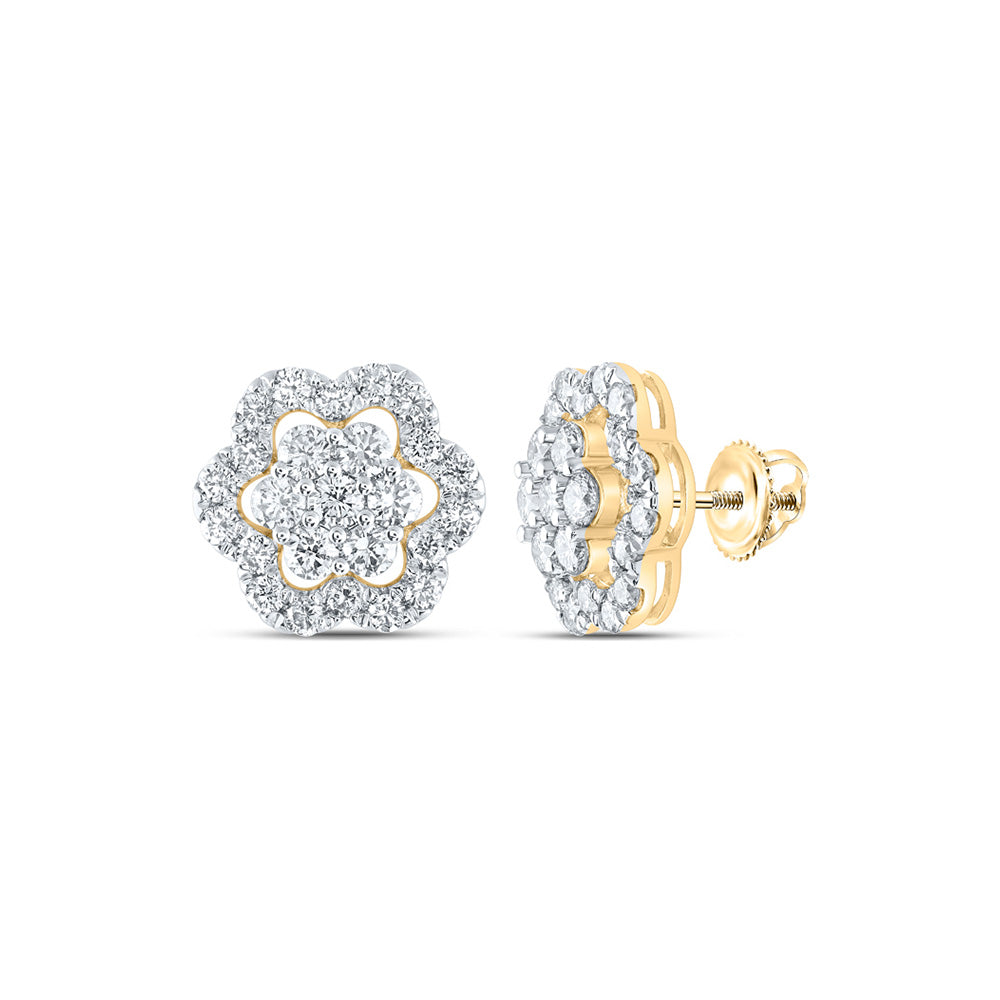 14kt Yellow Gold Womens Round Diamond Flower Cluster Earrings 2 Cttw