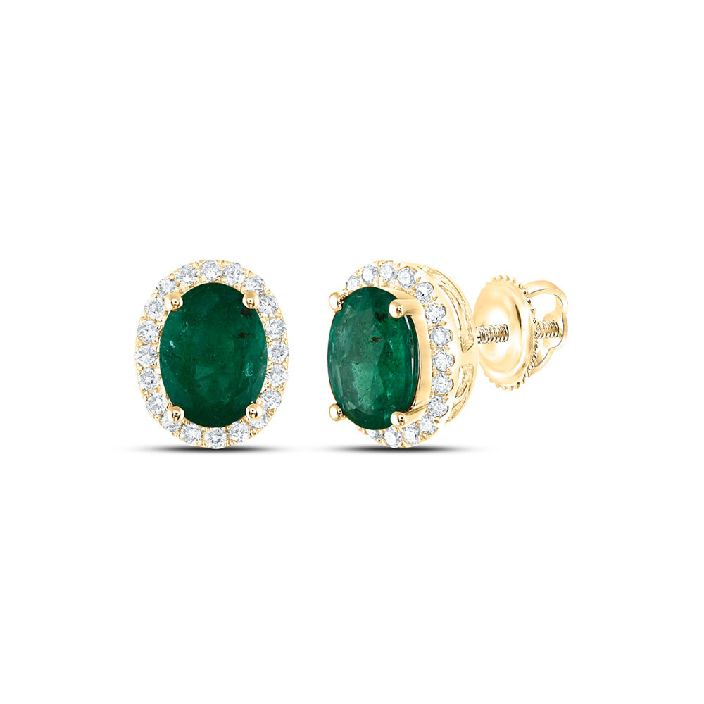 14kt Yellow Gold Womens Oval Emerald Solitaire Diamond Halo Earrings 1-5/8 Cttw