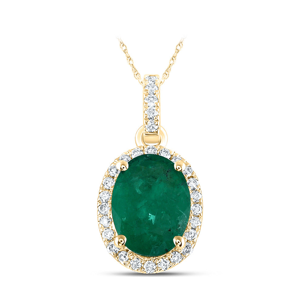 14kt Yellow Gold Womens Oval Emerald Solitaire Diamond Halo Pendant 1 Cttw