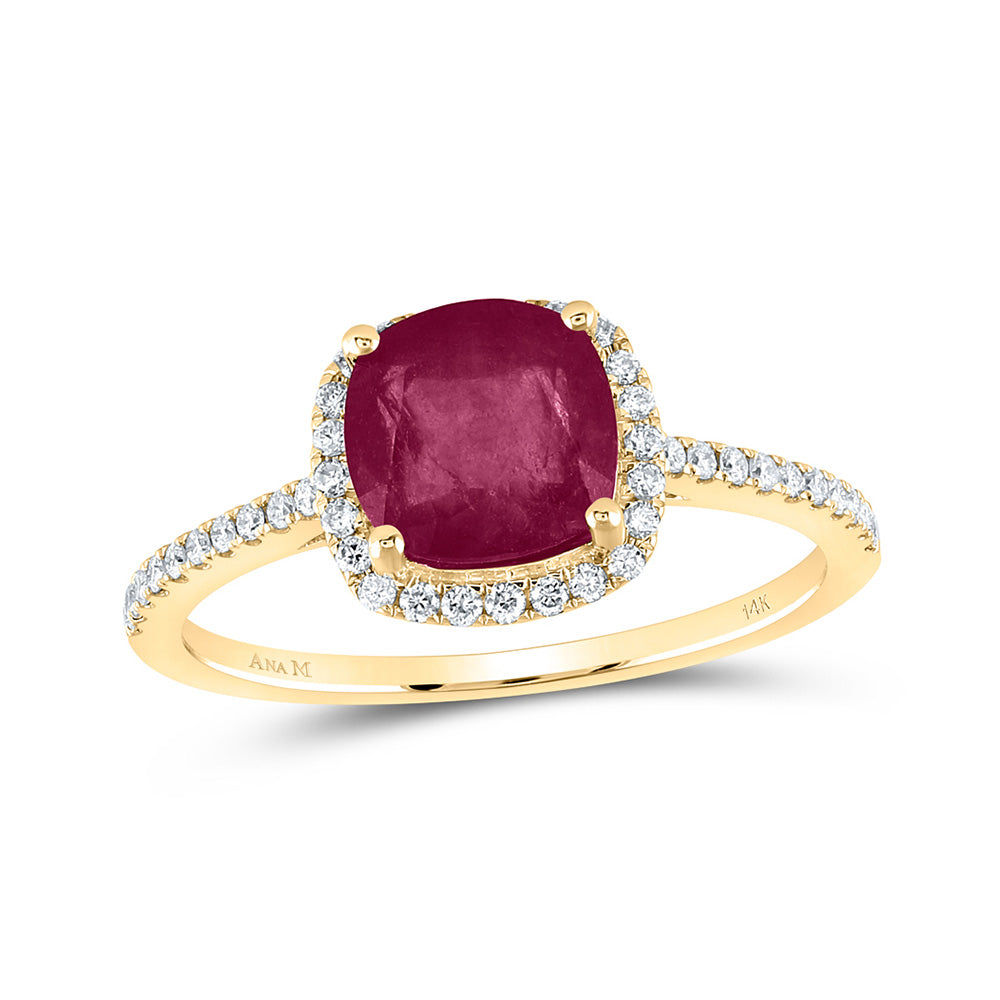 14kt Yellow Gold Womens Cushion Ruby Diamond Halo Ring 2-1/5 Cttw