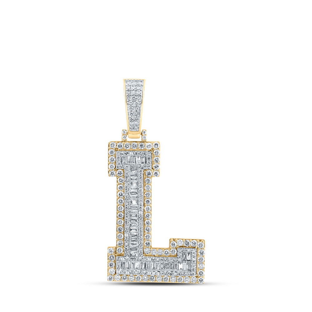 10kt Yellow Gold Mens Baguette Diamond L Initial Letter Charm Pendant 2-3/8 Cttw