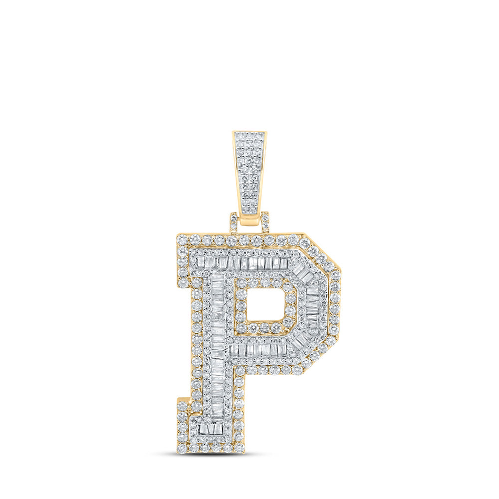 10kt Yellow Gold Mens Baguette Diamond P Initial Letter Charm Pendant 2-5/8 Cttw