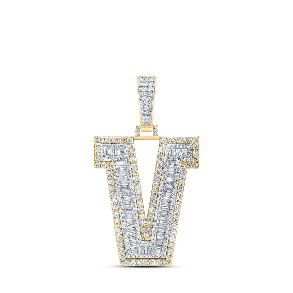 10kt Yellow Gold Mens Baguette Diamond V Initial Letter Charm Pendant 2-3/4 Cttw