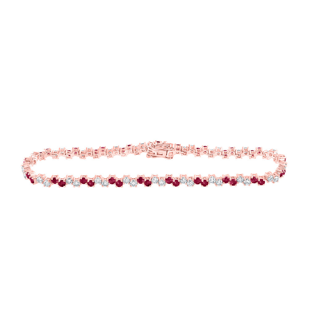 14kt Rose Gold Womens Round Ruby Diamond Tennis Bracelet 3-5/8 Cttw