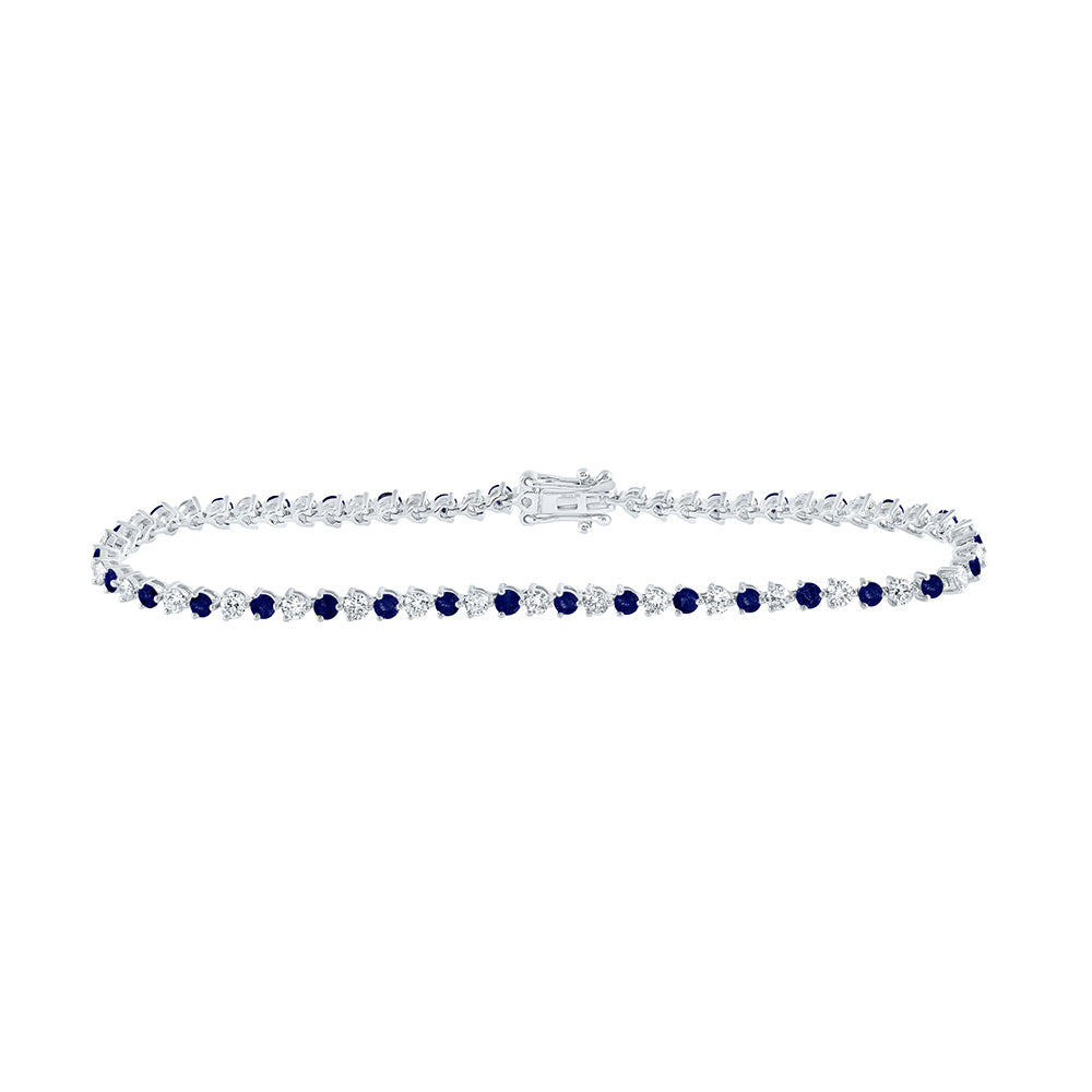 14kt White Gold Womens Round Blue Sapphire Diamond Tennis Bracelet 3-1/5 Cttw