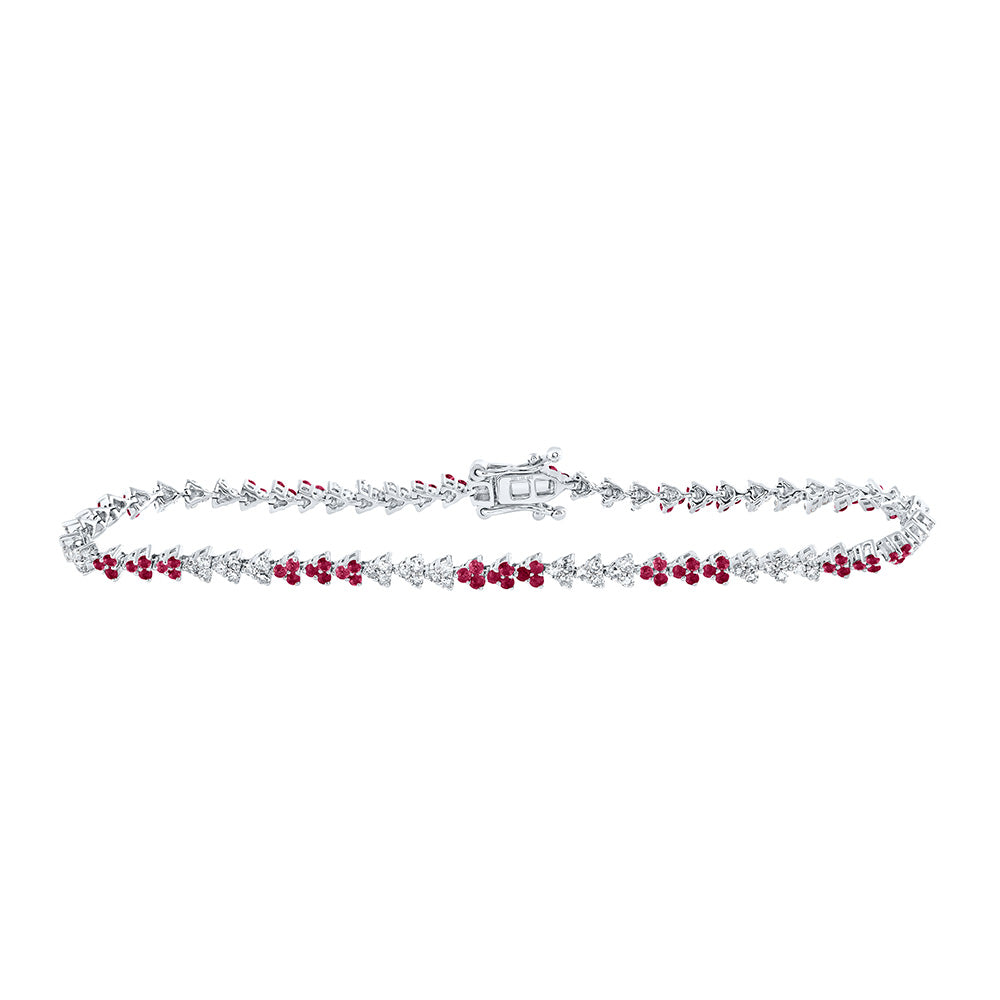 14kt White Gold Womens Round Ruby Diamond Tennis Bracelet 1-3/4 Cttw