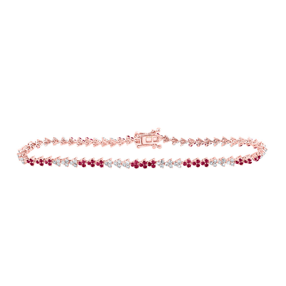 14kt Rose Gold Womens Round Ruby Diamond Tennis Bracelet 1-3/4 Cttw