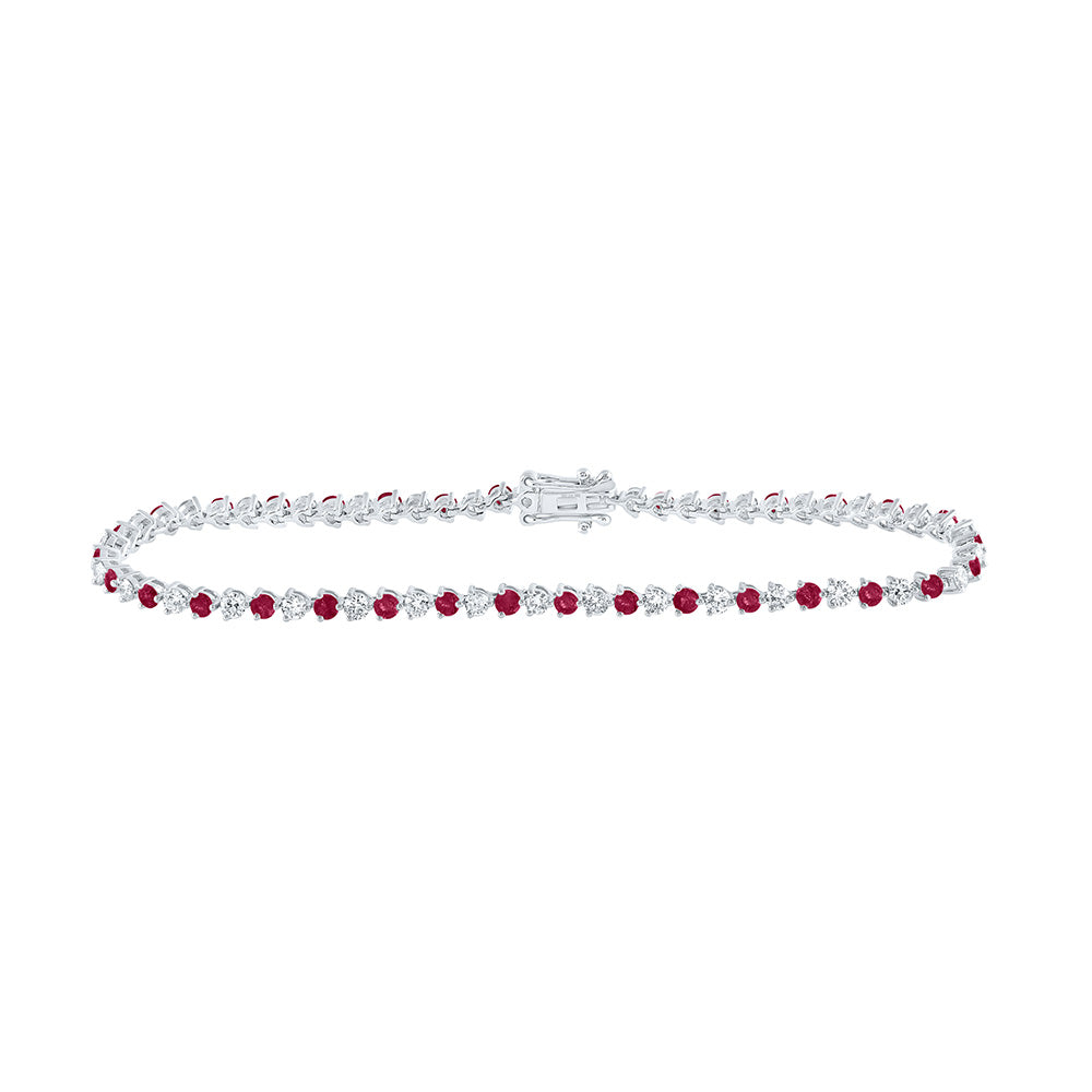 14kt White Gold Womens Round Ruby Diamond Tennis Bracelet 3-1/4 Cttw