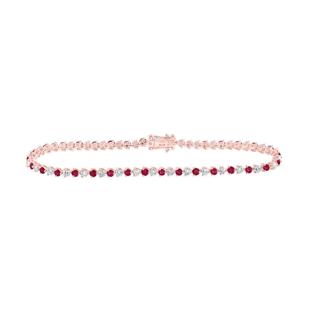 14kt Rose Gold Womens Round Ruby Diamond Tennis Bracelet 3-3/8 Cttw