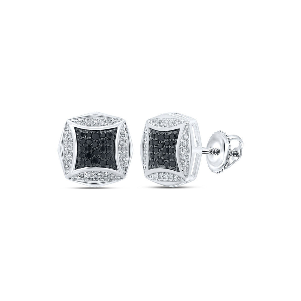 10kt White Gold Mens Round Black Color Enhanced Diamond Square Earrings 1/4 Cttw