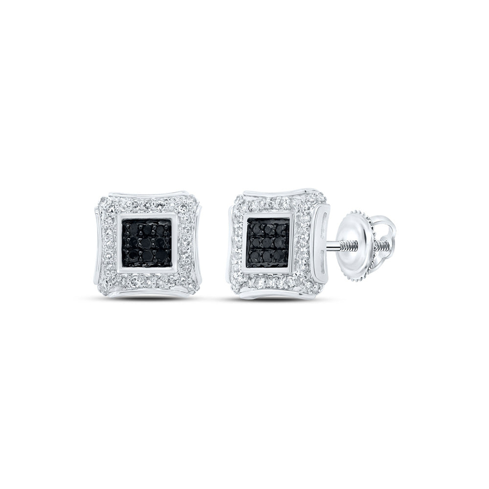 10kt White Gold Mens Round Black Color Treated Diamond Square Earrings 1/4 Cttw