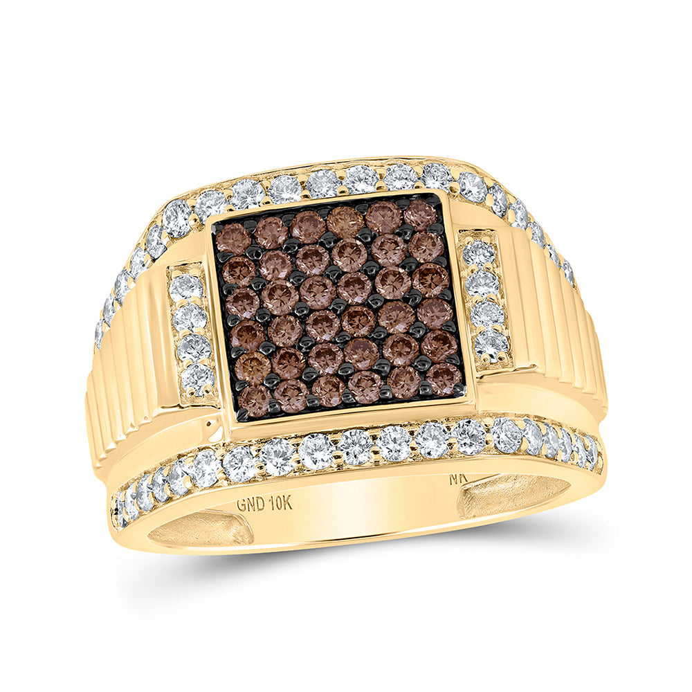 10kt Yellow Gold Mens Round Brown Diamond Square Ring 1-5/8 Cttw